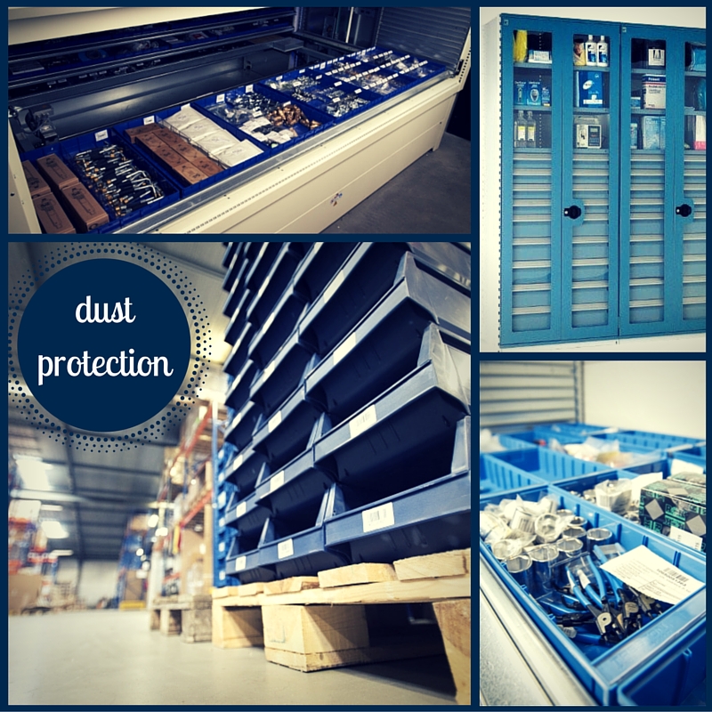 dust protection with warehouse shelving and vertical lift modules