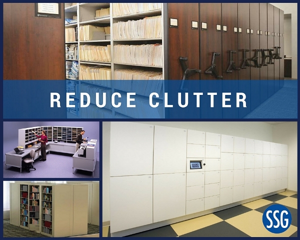 reduce clutter with high density shelving, package lockers, rotary cabinets and mail furniture