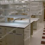 Lab furniture modular casework antimicrobial work surface powered back guards fixtures clinical laboratory greenguard overhead shelves