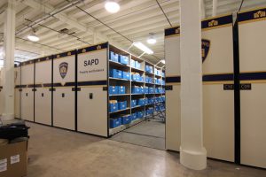 High Density Evidence racks roll on tracks making aisles when needed, saving space