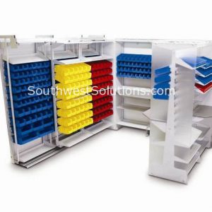 Spacesaver GREENGUARD Certified products medical Pharmacy supply racks green friendly bins storage