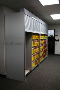 open shelving with redrope file pockets with colored gussets