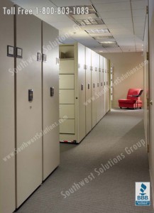 Spacesaver high density storage saves space and organizes small office storage areas
