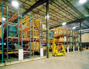 Spacesaver pallet racks on tracks are an innovative way to create LEAN warehouse storage