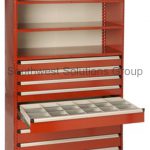 modular shelves with pull out drawers for small part storage