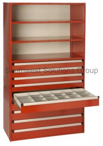 modular shelves with pull out drawers for small part storage
