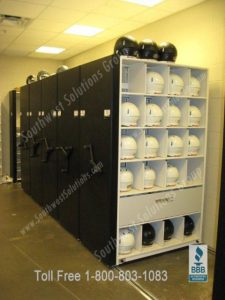 High density shelving for football helmet storage