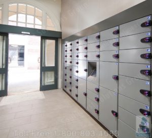 bank of intelligent parcel delivery lockers in an office building