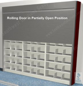 A Contemporary Filing System with Open Shelving and Rolling Security Doors