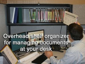 Managing Documents on Your Desk in an overhead compartment with an Oblique Shelf Organizer
