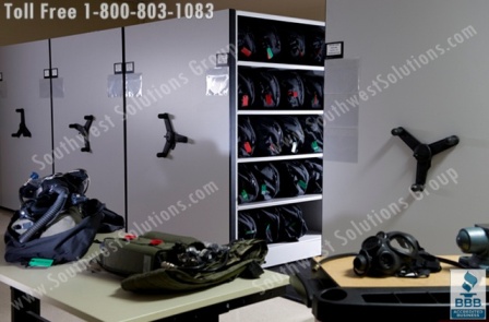 storing military gear bags guns uniforms, tools in mobile heavy duty shelving