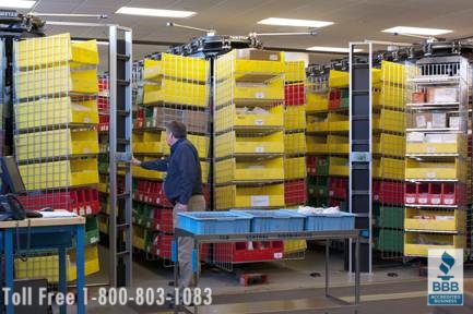 Hospital medical supply storage carousels used for batch order picking