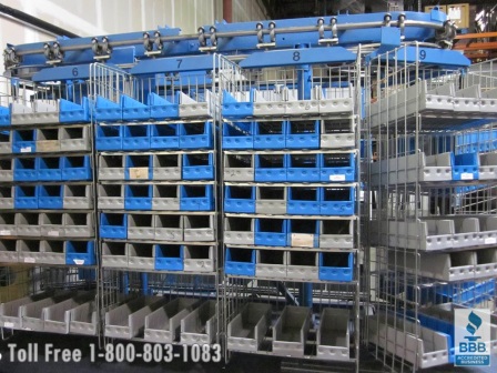 Industrial storage carousels used for batch order picking and packaging 