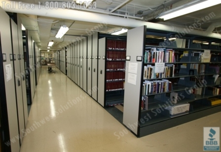 High Density Mobile Book Stack Shelves remove access aisles to decrease library carbon footprint