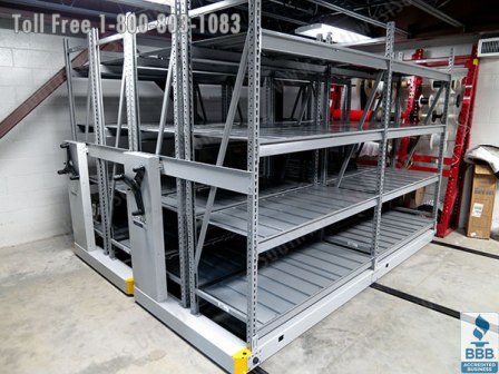High Density Bulk Storage Shelving rolls along tracks attached to the floor