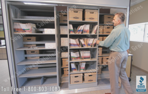 lateral rolling storage shelves storing boxes and files