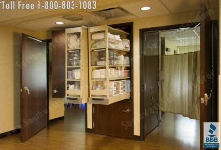 Nurse patient server cabinets pull out for easy access to stored medical supplies