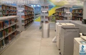 cantilever bookshelves with acrylic panels in a Seattle library