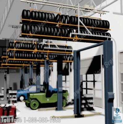 efficient automotive tire storage with motorized overhead tire lifts