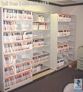 sliding bi-file shelving saves space storing records and charts
