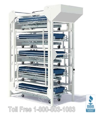 vertical bed racks storing 5 hospital beds