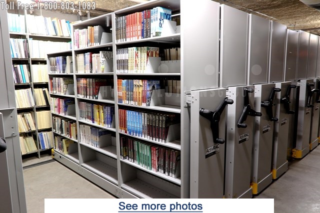 floorless mobile shelving system installed in the arkansas library's basement