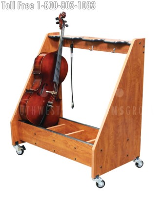 mobile stringed instrument cart storing music department bases