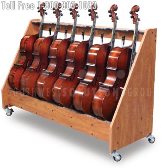 store music department cellos in mobile stringed instrument cart