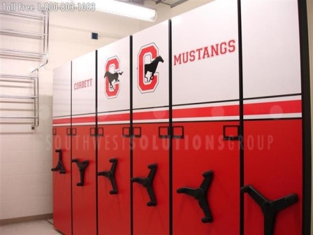 compact mobile storage shelving for the school's athletic equipment storage room