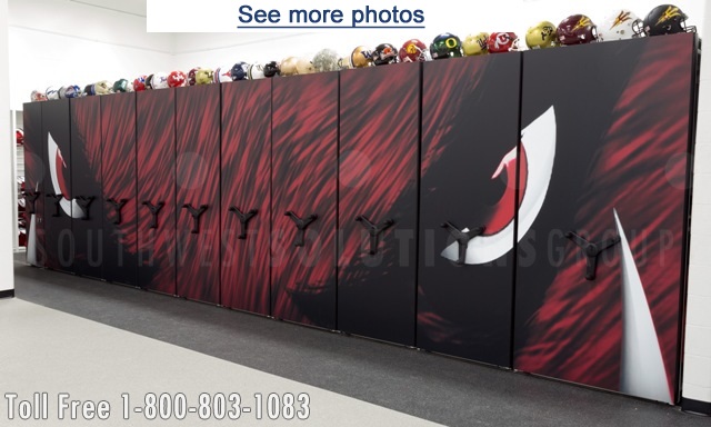 custom designed end panels with the mascot for the football team's high density shelving