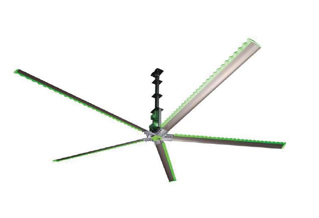 large diameter ceiling fan reduces warehouse heat & increases productivity