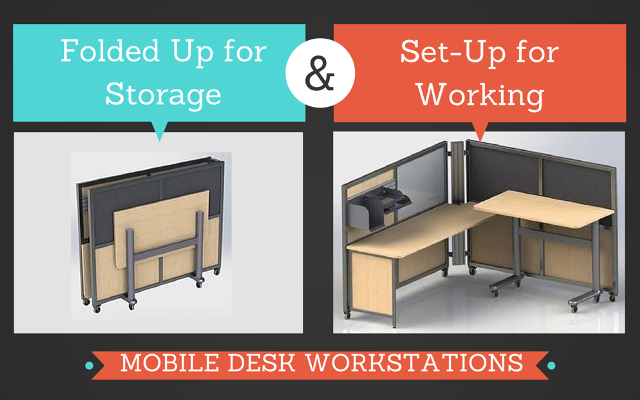 mobile desk workstations folded for storage and set up for working