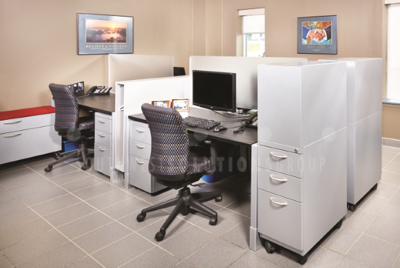 mobile desk workstations used for office employee workspaces