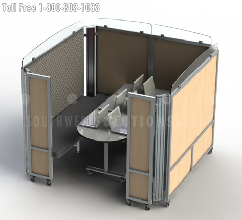 mobile meeting room is self contained with walls and seating space