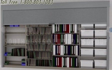 sliding steel shelving units with roll up security doors for universal office supply storage