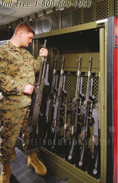 armory weapons racks mounted on high density mobile storage saves space