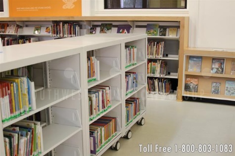 library books are mobile in cantilever carts with a custom appearance