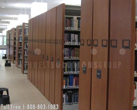 books, reference materials, magazines, and microfilm stored in the compact mobile storage