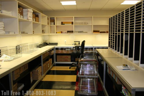 mail sorting stations storing copy room and office documents