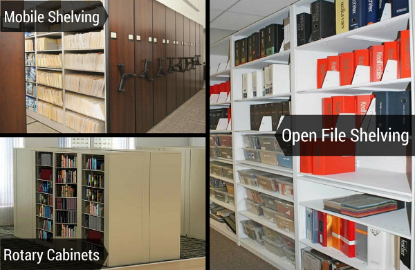 mobile storage shelving, open file shelving, and rotary cabinets