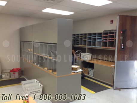 modular mail sorting furniture inlcuding tables and cabinets