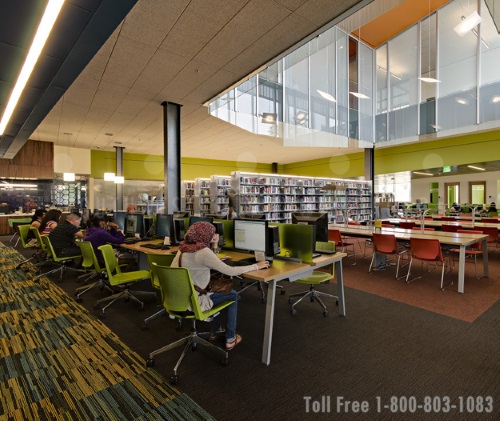 college uses cantilever shelving in the community resource library