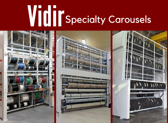 vidir specialty carousels storing textiles, tires, and wire spools