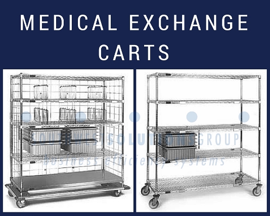 medical exchange carts with wire shelves, totes and linen storage