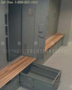 storage locker with built in bench drawer