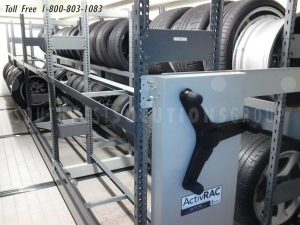 tire rack storage system crank moving shelf