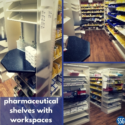 pharmaceutical shelves with workspaces