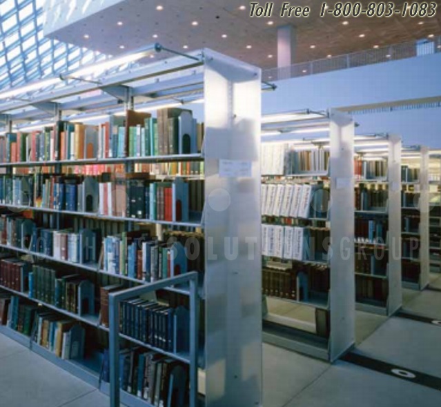 light illuminated library shelves