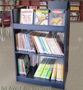 slanted library book shelves storing comics periodicals small manuals
