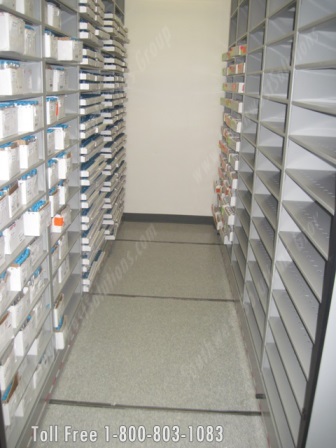 mobile shelving storing glass slides and paraffin blocks